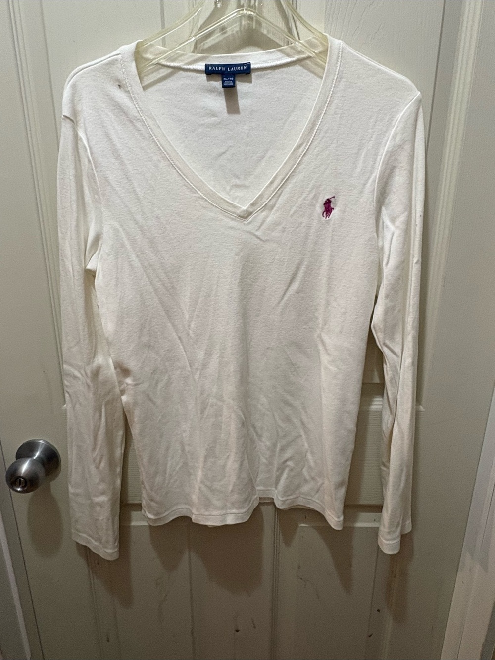 Vintage Ralph Lauren White V-Neck Long Sleeve Tee with Pink Pony